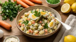 Insalata russa servita in ciotola con uova sode, cetriolini e prezzemolo