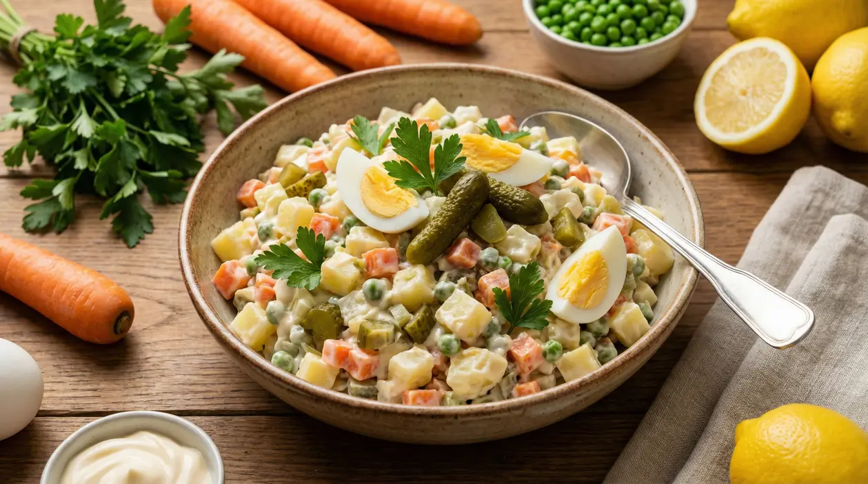 Insalata russa servita in ciotola con uova sode, cetriolini e prezzemolo