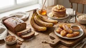 Banane mature con pane alla banana, pancake e banane fritte su un tavolo rustico