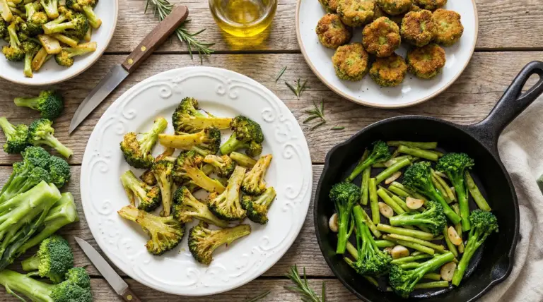 Piatti con gambi di broccoli cucinati in vari modi su un tavolo rustico