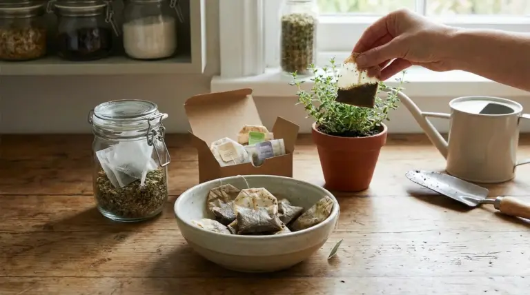 Una mano posiziona una bustina di tisana usata in un vaso con pianta aromatica su un tavolo di legno