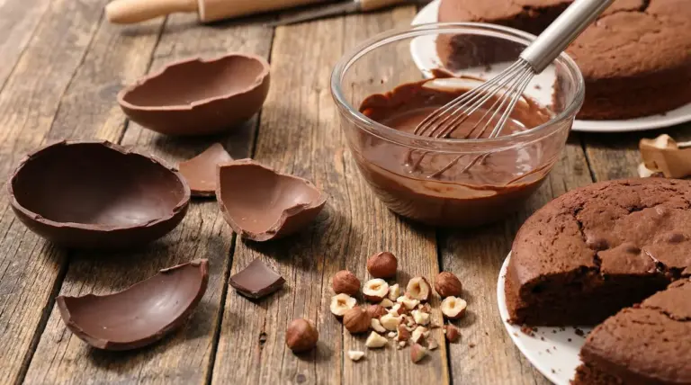 Uova di Pasqua spezzate, ciotola di cioccolato fuso, torta al cioccolato e nocciole su tavolo di legno