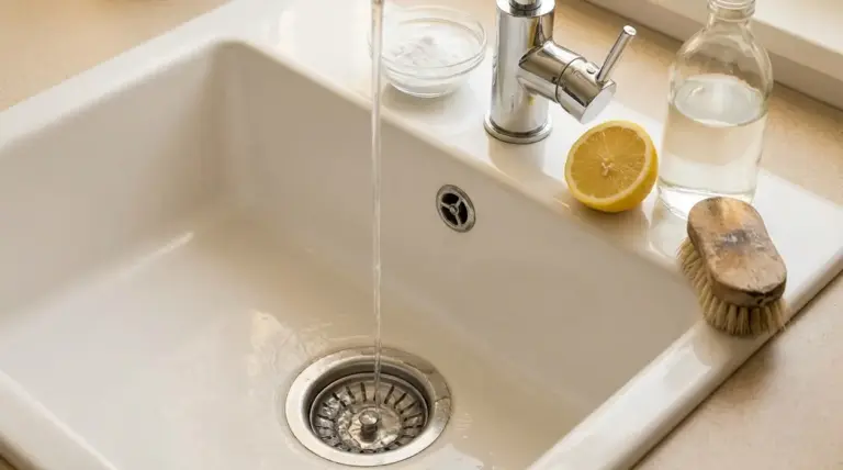 Lavandino della cucina con acqua corrente, limone, aceto e bicarbonato per eliminare i cattivi odori