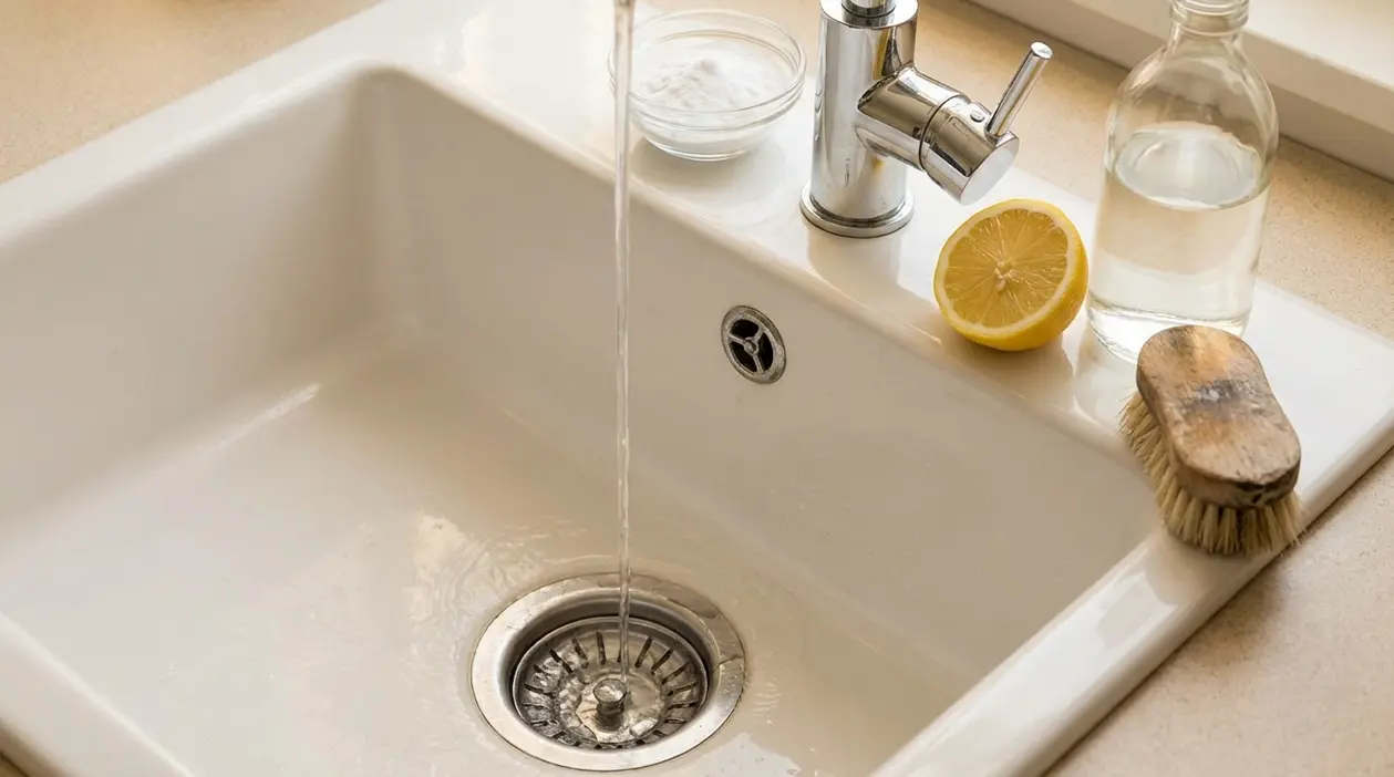 Lavandino della cucina con acqua corrente, limone, aceto e bicarbonato per eliminare i cattivi odori
