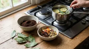 Pentolino con limone ed erbe sul fornello, accanto a caffè e spezie per eliminare i cattivi odori in cucina