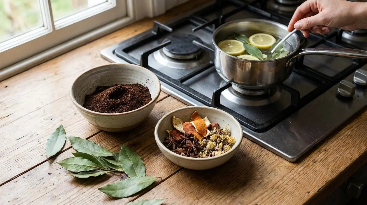 Pentolino con limone ed erbe sul fornello, accanto a caffè e spezie per eliminare i cattivi odori in cucina
