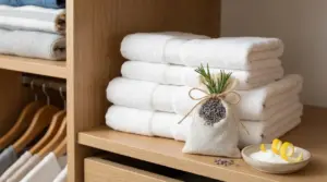 Sacchetto profumato con lavanda e rosmarino su asciugamani in un armadio ordinato