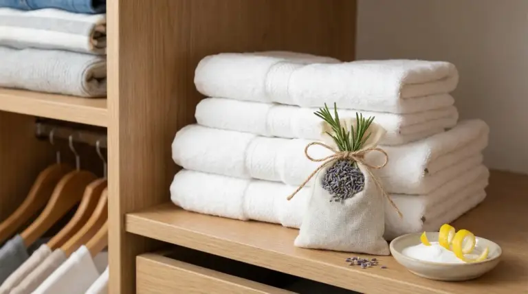 Sacchetto profumato con lavanda e rosmarino su asciugamani in un armadio ordinato