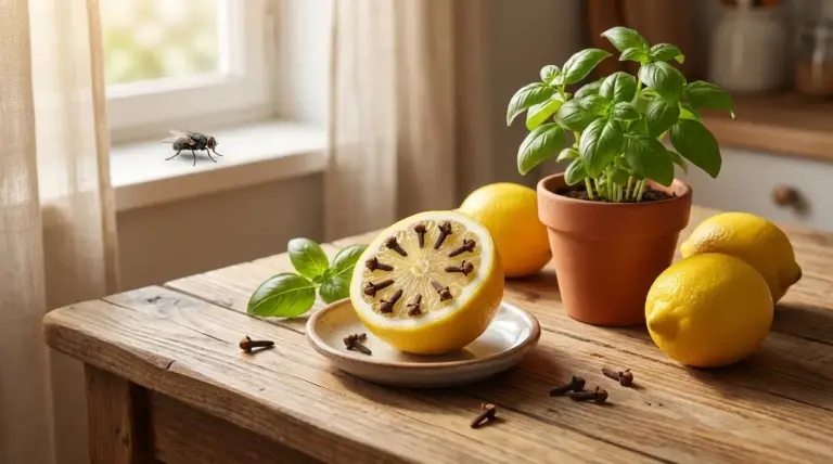 Mosca vicino a limoni con chiodi di garofano e pianta di basilico su un tavolo in casa