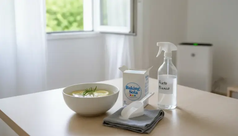 Ingredienti naturali per eliminare l'odore di fumo da casa su un tavolo vicino a una finestra aperta