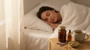 Persona addormentata accanto a un comodino con infusi, capsule e oli naturali