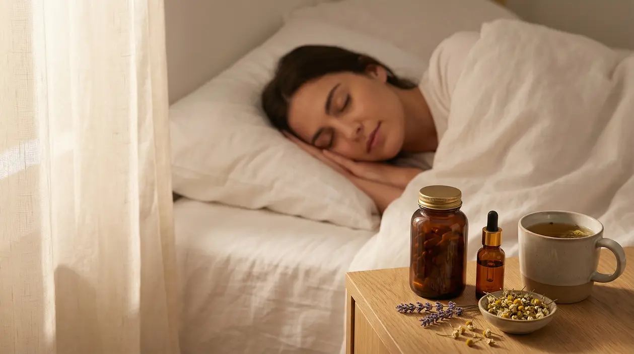 Persona addormentata accanto a un comodino con infusi, capsule e oli naturali