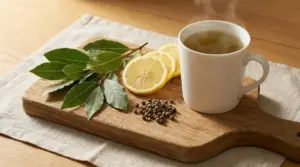 Tisana in tazza bianca con foglie di alloro, limone e pepe su tagliere di legno