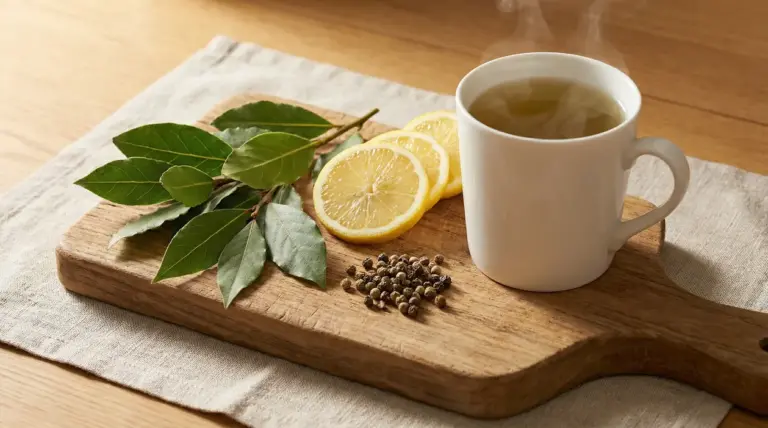 Tisana in tazza bianca con foglie di alloro, limone e pepe su tagliere di legno
