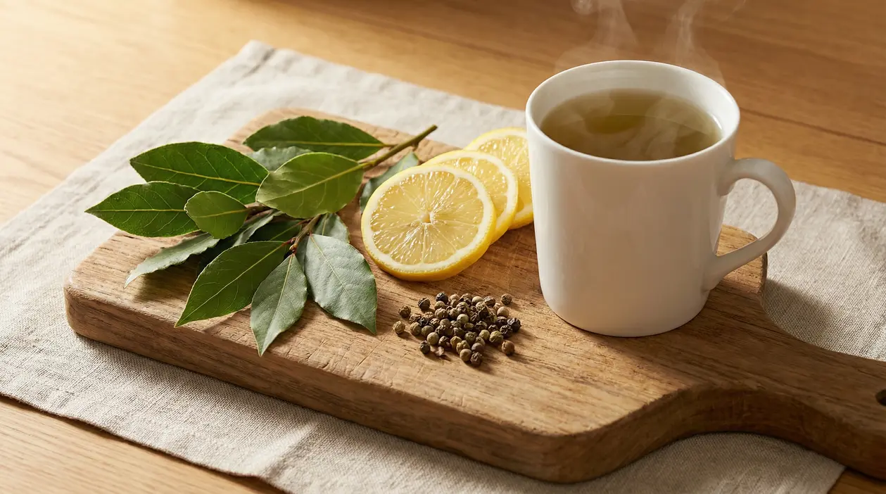 Tisana in tazza bianca con foglie di alloro, limone e pepe su tagliere di legno