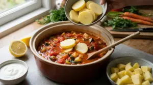 Fette di patate aggiunte a uno stufato di verdure in una pentola sul piano cucina