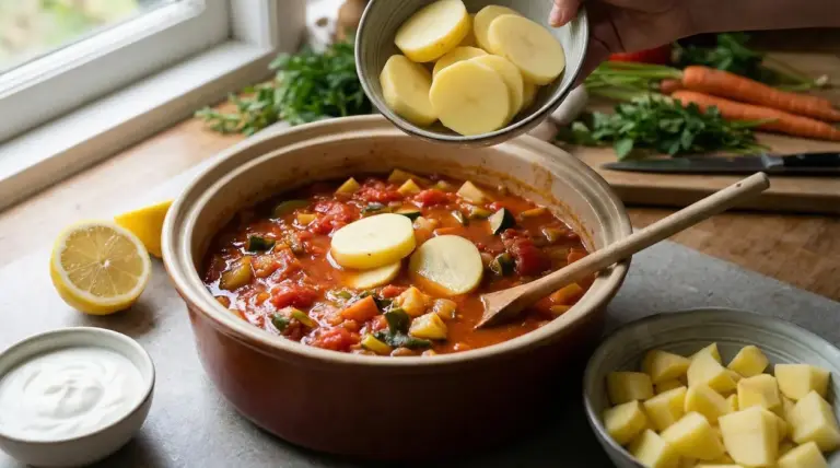 Fette di patate aggiunte a uno stufato di verdure in una pentola sul piano cucina