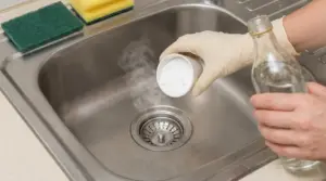 Mani con guanti versano bicarbonato e aceto nello scarico del lavandino per eliminare i cattivi odori