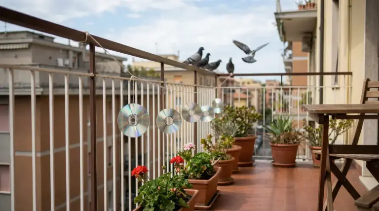 Balcone con CD appesi alla ringhiera come rimedio fai da te per allontanare i piccioni