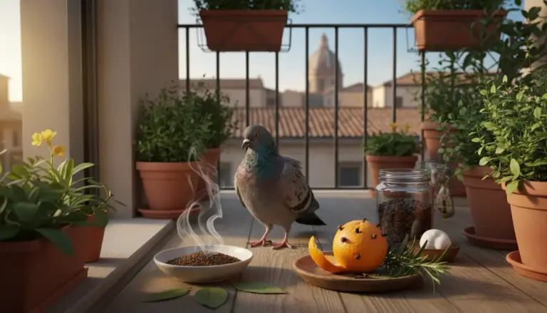 Piccione su un balcone tra piante aromatiche e agrumi, con rimedio naturale per tenerlo lontano