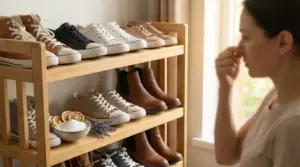 Scarpiera in legno con varie scarpe; una persona si tappa il naso per il cattivo odore, con rimedi naturali accanto