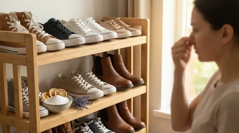 Scarpiera in legno con varie scarpe; una persona si tappa il naso per il cattivo odore, con rimedi naturali accanto