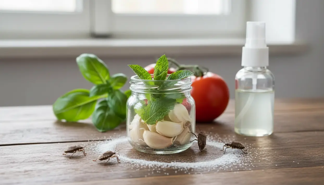 Barattolo con spicchi d’aglio ed erbe su un tavolo, con cimici e uno spray naturale sullo sfondo