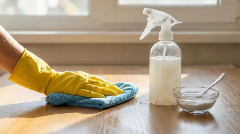 Mano con guanto giallo che spolvera un tavolo in legno con panno in microfibra e spray detergente fai da te