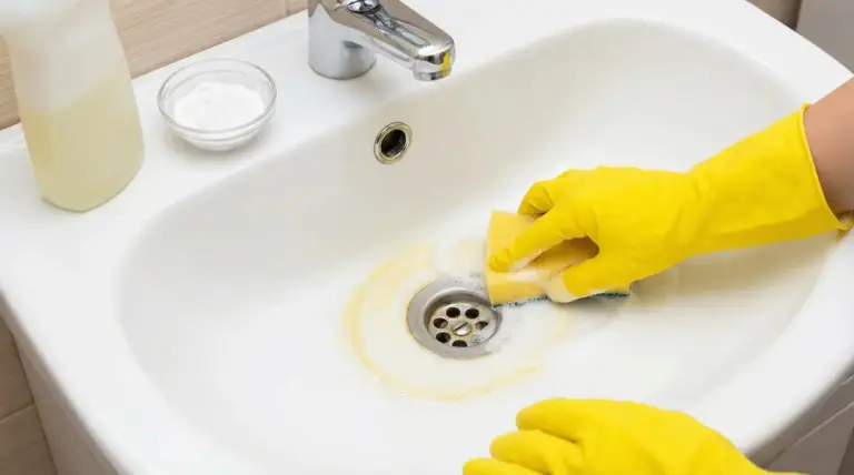 Mani con guanti gialli puliscono il lavandino del bagno con spugna, rimuovendo un cerchio giallo di calcare