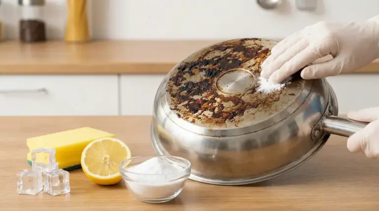 Pulizia del fondo incrostato di una padella con bicarbonato e limone, con spugna e guanti su piano cucina