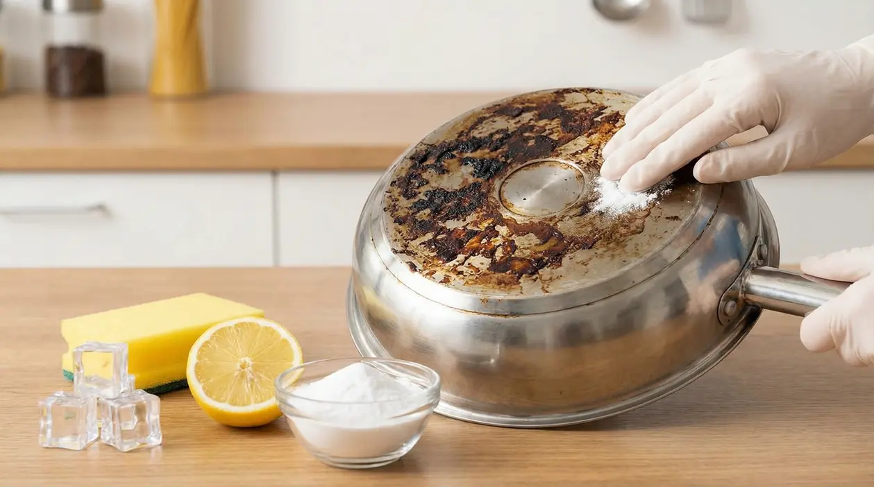 Pulizia del fondo incrostato di una padella con bicarbonato e limone, con spugna e guanti su piano cucina