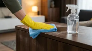 Persona con guanto pulisce un mobile scuro con panno in microfibra e spruzzino, rimuovendo la polvere senza aloni