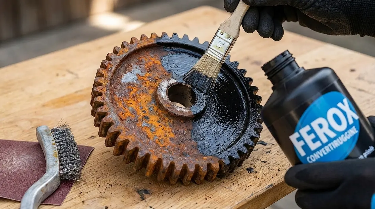 Mani con guanti applicano un prodotto antiruggine su un ingranaggio in acciaio arrugginito con pennello su banco da lavoro