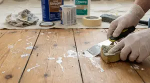Mani con guanti raschiano macchie di vernice bianca da un pavimento in legno con spatola e spugna