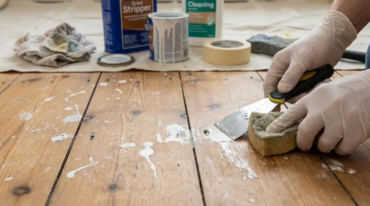 Mani con guanti raschiano macchie di vernice bianca da un pavimento in legno con spatola e spugna