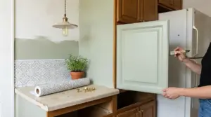 Persona che rinnova una cucina economica dipingendo un'anta e applicando carta adesiva paraschizzi