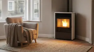 Stufa a pellet accesa in soggiorno con poltrona e coperta vicino alla finestra, alternativa ai termosifoni