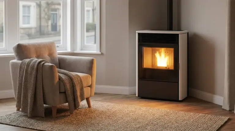 Stufa a pellet accesa in soggiorno con poltrona e coperta vicino alla finestra, alternativa ai termosifoni