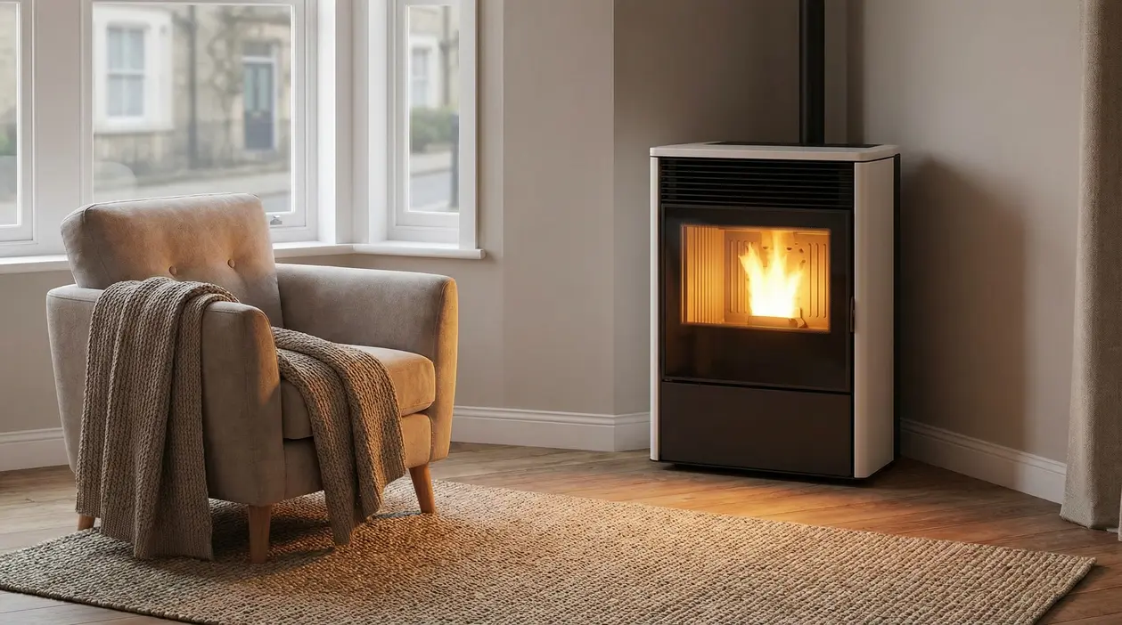 Stufa a pellet accesa in soggiorno con poltrona e coperta vicino alla finestra, alternativa ai termosifoni