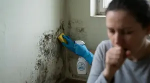 Persona che pulisce la muffa da una parete mentre un'altra tossisce nelle vicinanze