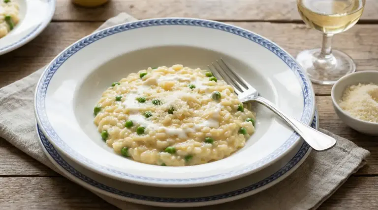 Risotto cremoso con piselli e Parmigiano servito in un piatto fondo