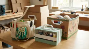 Scatole di cartone con manici di plastica riutilizzati come contenitori per materiali creativi in un laboratorio fai da te