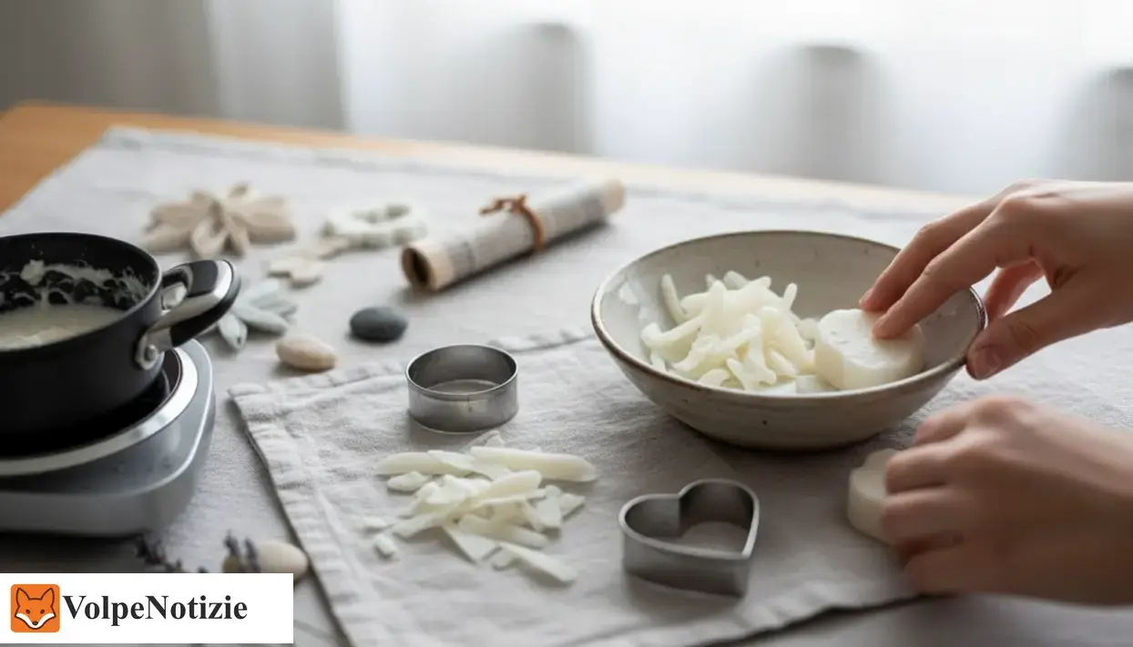 Mani che raccolgono residui di saponetta in una ciotola, con stampini e pentolino per riutilizzarli