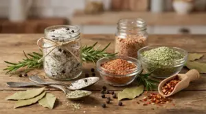 Vari tipi di sale aromatizzato disposti in barattoli di vetro e ciotole su un tavolo rustico.