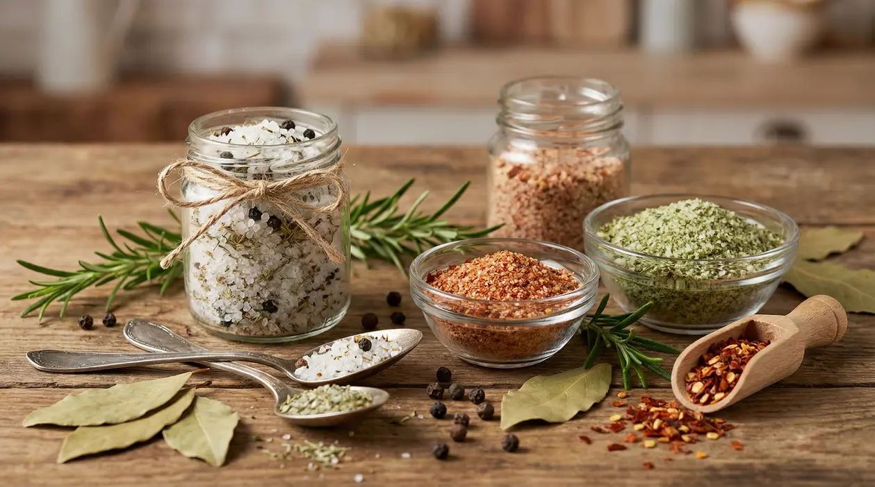 Vari tipi di sale aromatizzato disposti in barattoli di vetro e ciotole su un tavolo rustico.