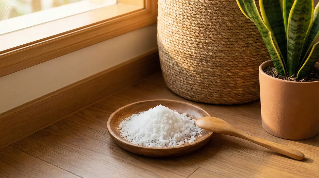 Ciotola con sale grosso sul pavimento accanto a una finestra e a una pianta in casa