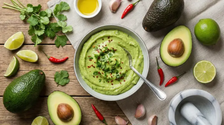 Ciotola di salsa di avocado con lime, peperoncino, coriandolo e ingredienti freschi su un tavolo rustico