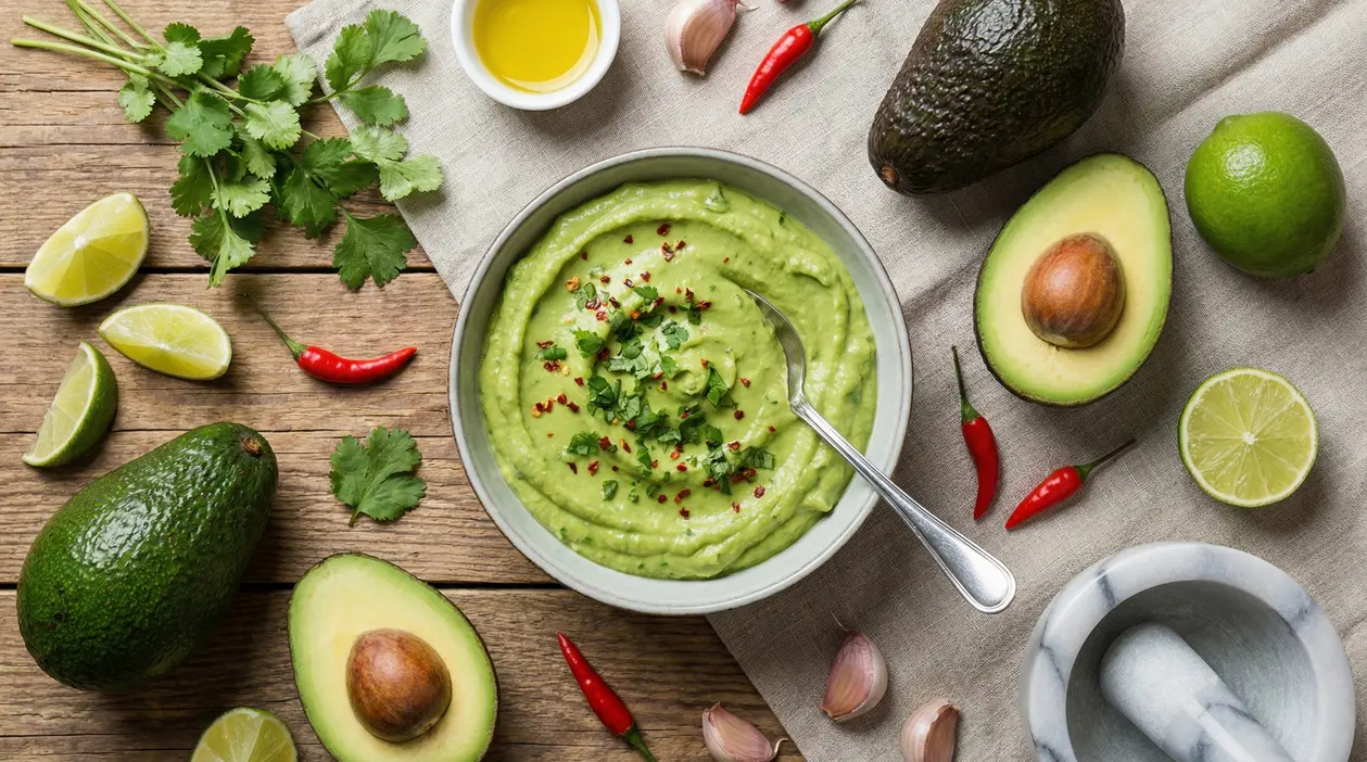 Ciotola di salsa di avocado con lime, peperoncino, coriandolo e ingredienti freschi su un tavolo rustico