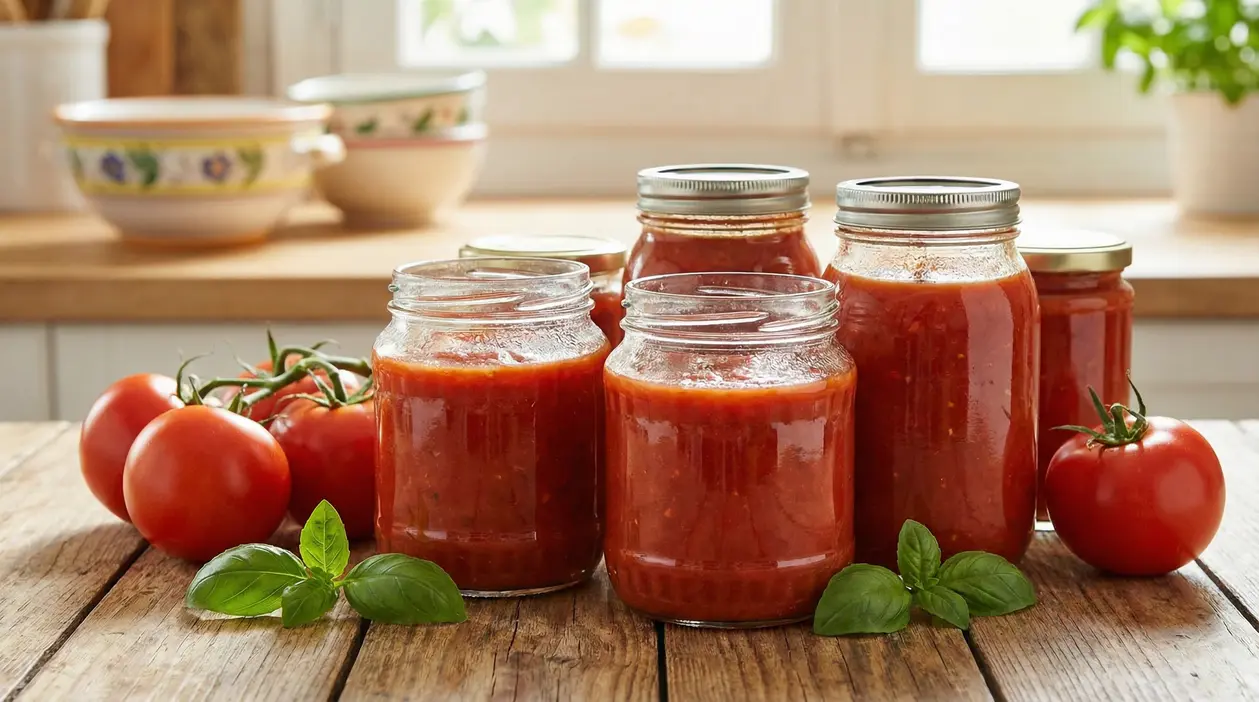 Vasetti di salsa di pomodoro con muffa accanto a pomodori e foglie secche