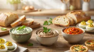 Tre ciotole con creme spalmabili accompagnate da uova ripiene, pane e tartellette su un tavolo rustico